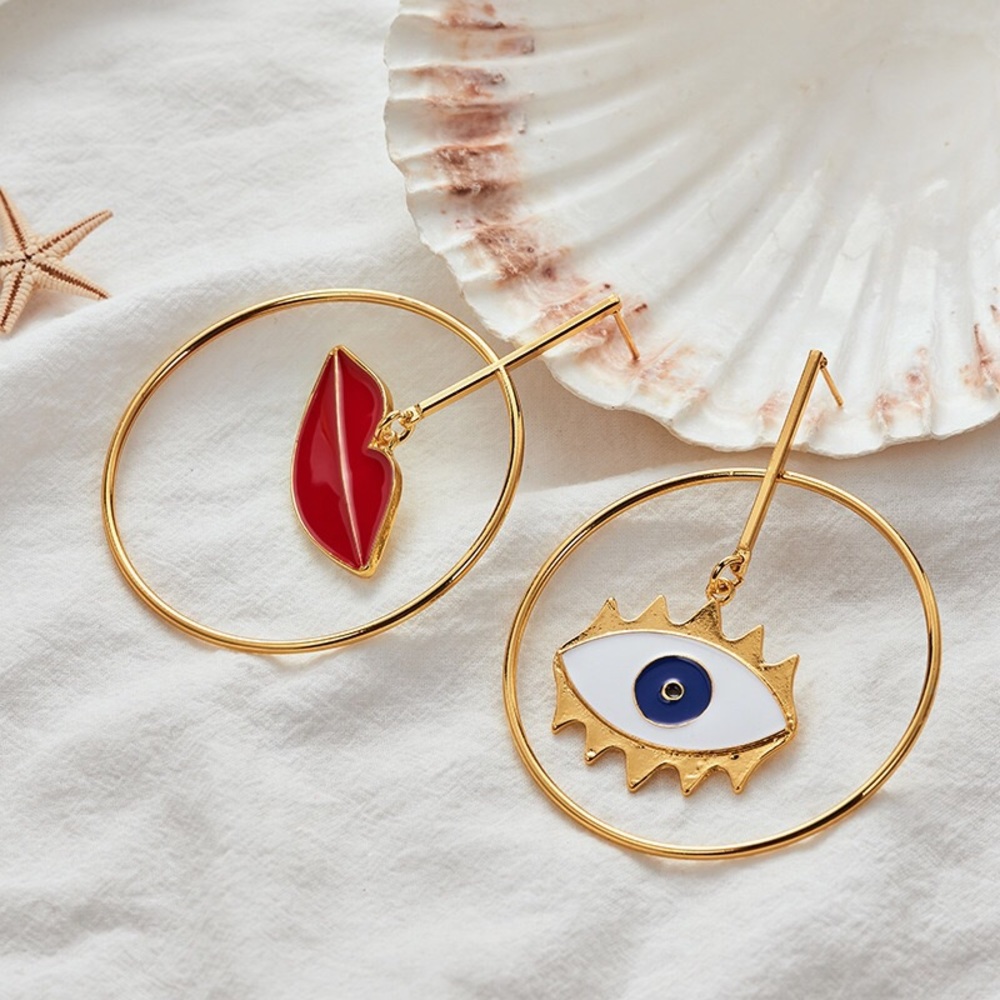 Boho Gold Big Hoop Lip and Eye Earrings - Picture 3 of 5